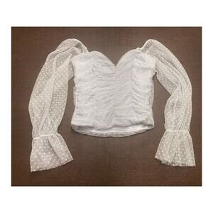 Madi Mase Ice Blue Swiss Dot Mesh Ruched Off Shoulder Top Size M Sheer Romantic